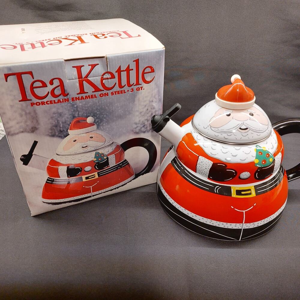 Vintage Roshco Santa Claus Porcelain Enamel on Steel 3-Quart Tea Kettle